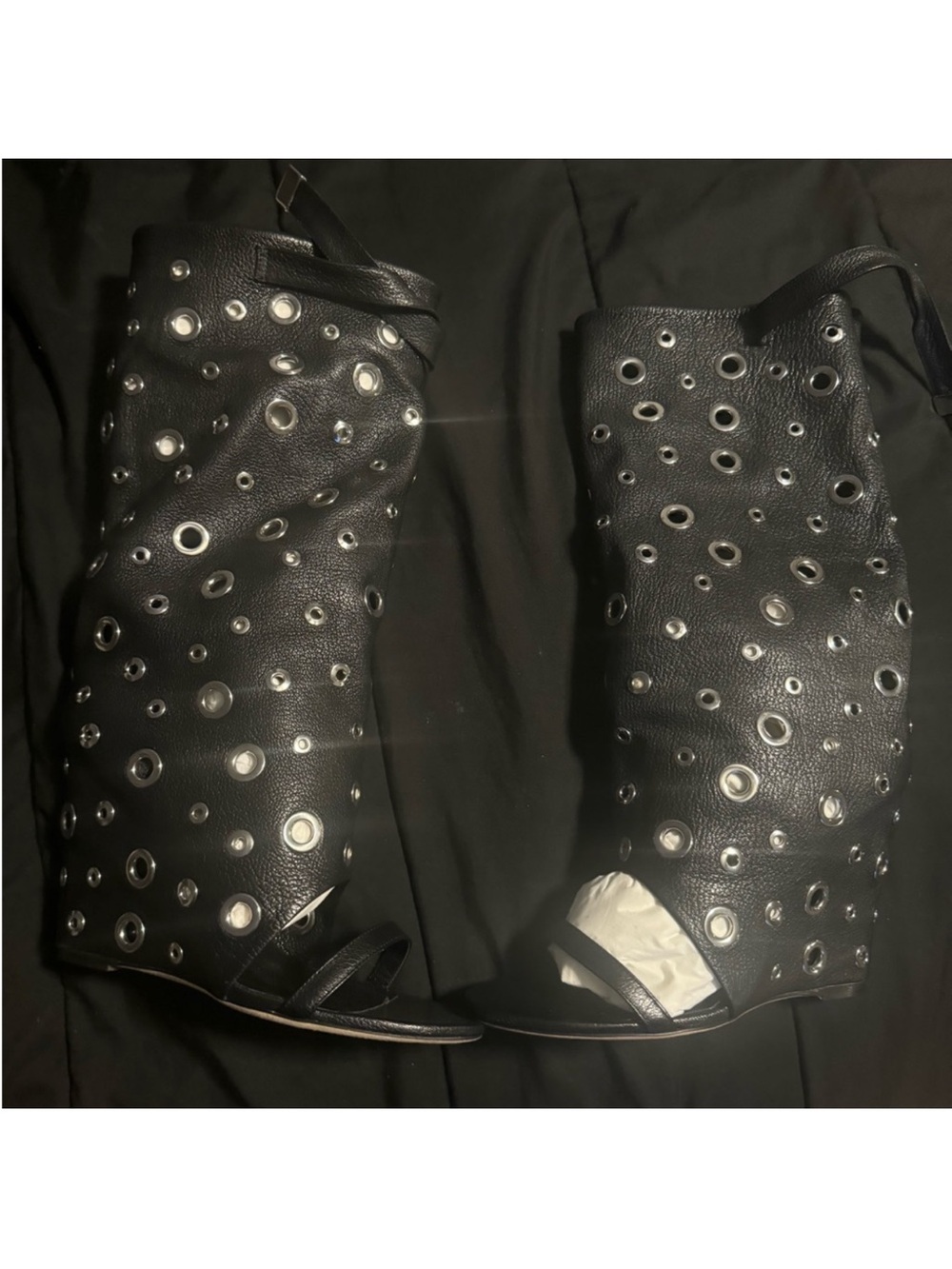 Brian Atwood Black Grommet Peep-Toe Knee Boots